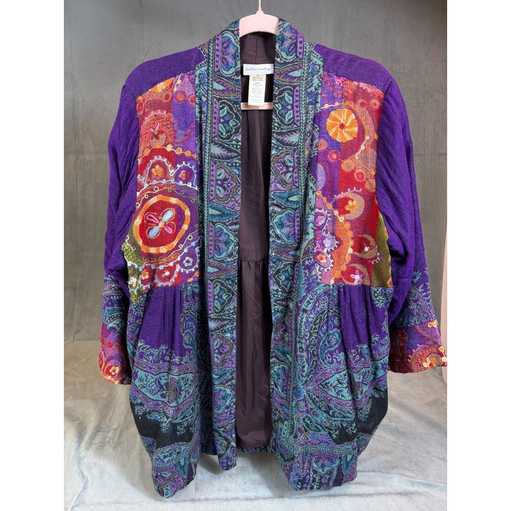 Soft Surroundings Embroidered Wool Patchwork Jacket Boho Ethnic Lightweight 1X